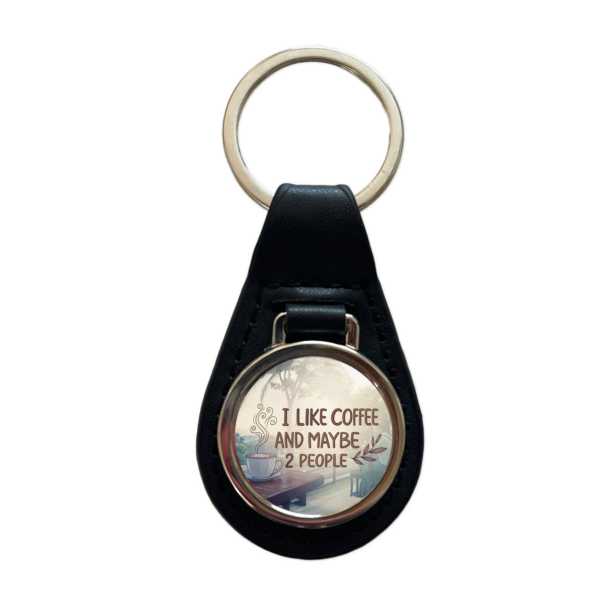 I Like Coffee And Maybe 2 People Funny Black Leather Metal Keychain