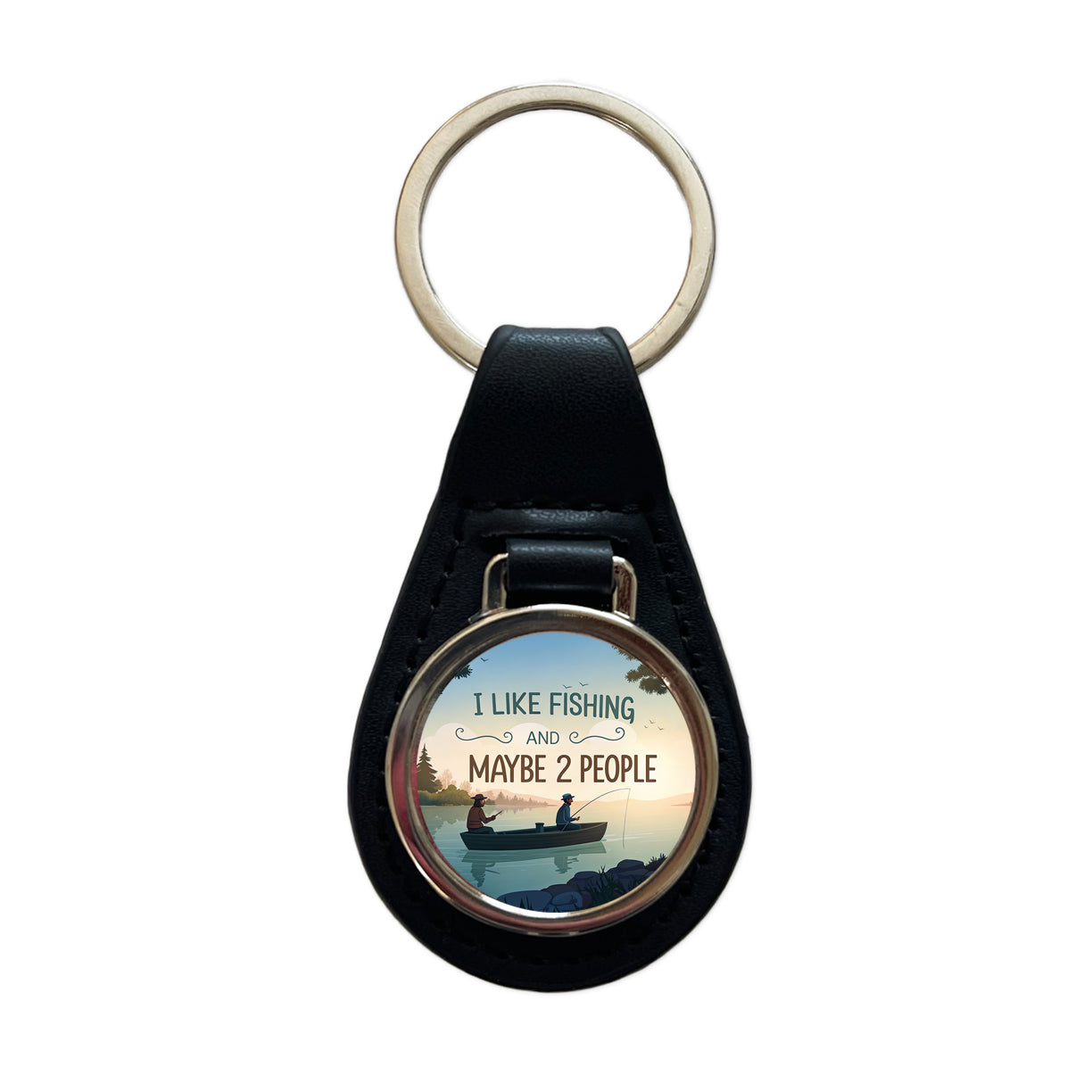 I Like Fishing And Maybe 2 People Funny Black Leather Metal Keychain