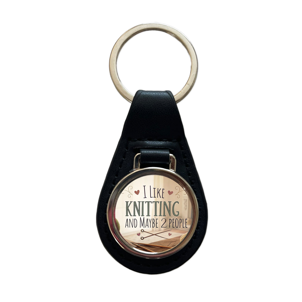 I Like Knitting And Maybe 2 People Funny Black Leather Metal Keychain