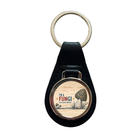I'm a Fungi with Good Morels Retro Fun Guy Morel Mushroom Funny Black Leather Metal Keychain