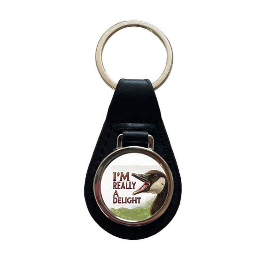 I'm Really a Delight Funny Angry Canadian Goose Black Leather Metal Keychain