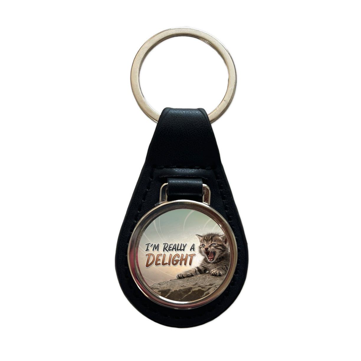 I'm Really a Delight Funny Angry Kitten Black Leather Metal Keychain