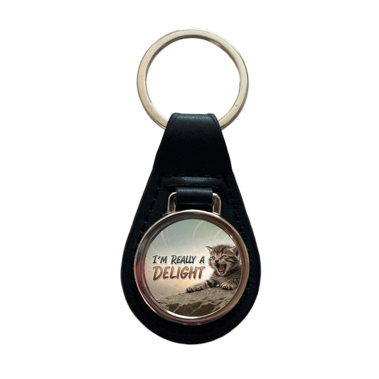 I'm Really a Delight Funny Angry Kitten Black Leather Metal Keychain