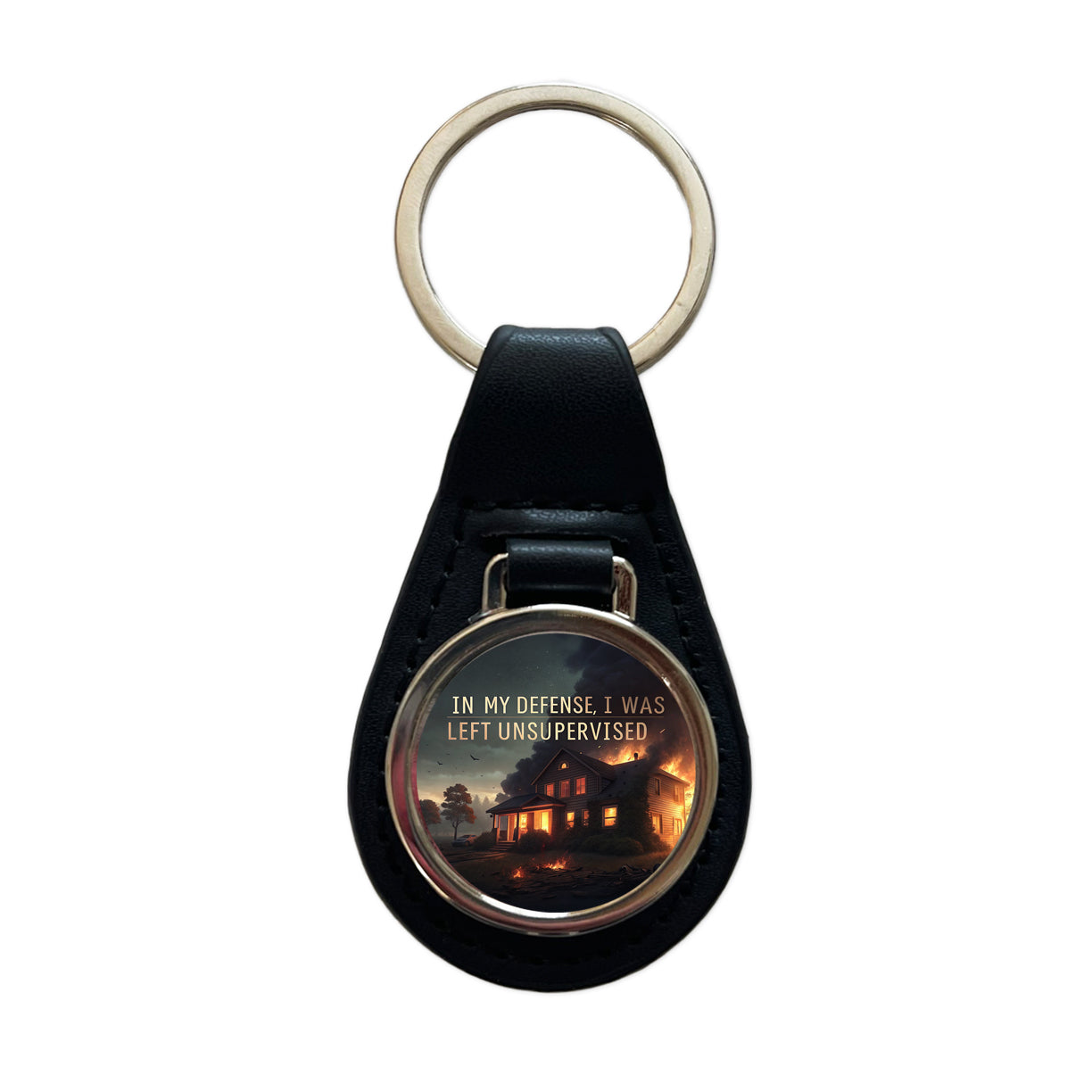 In My Defense I Was Left Unsupervised Funny Black Leather Metal Keychain