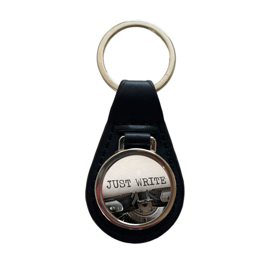Just Write Retro Typewriter Inspirational Black Leather Metal Keychain