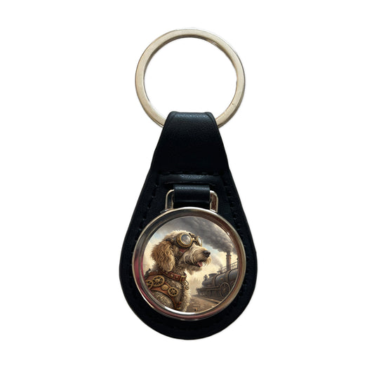 Labradoodle Dog Steampunk Black Leather Metal Keychain