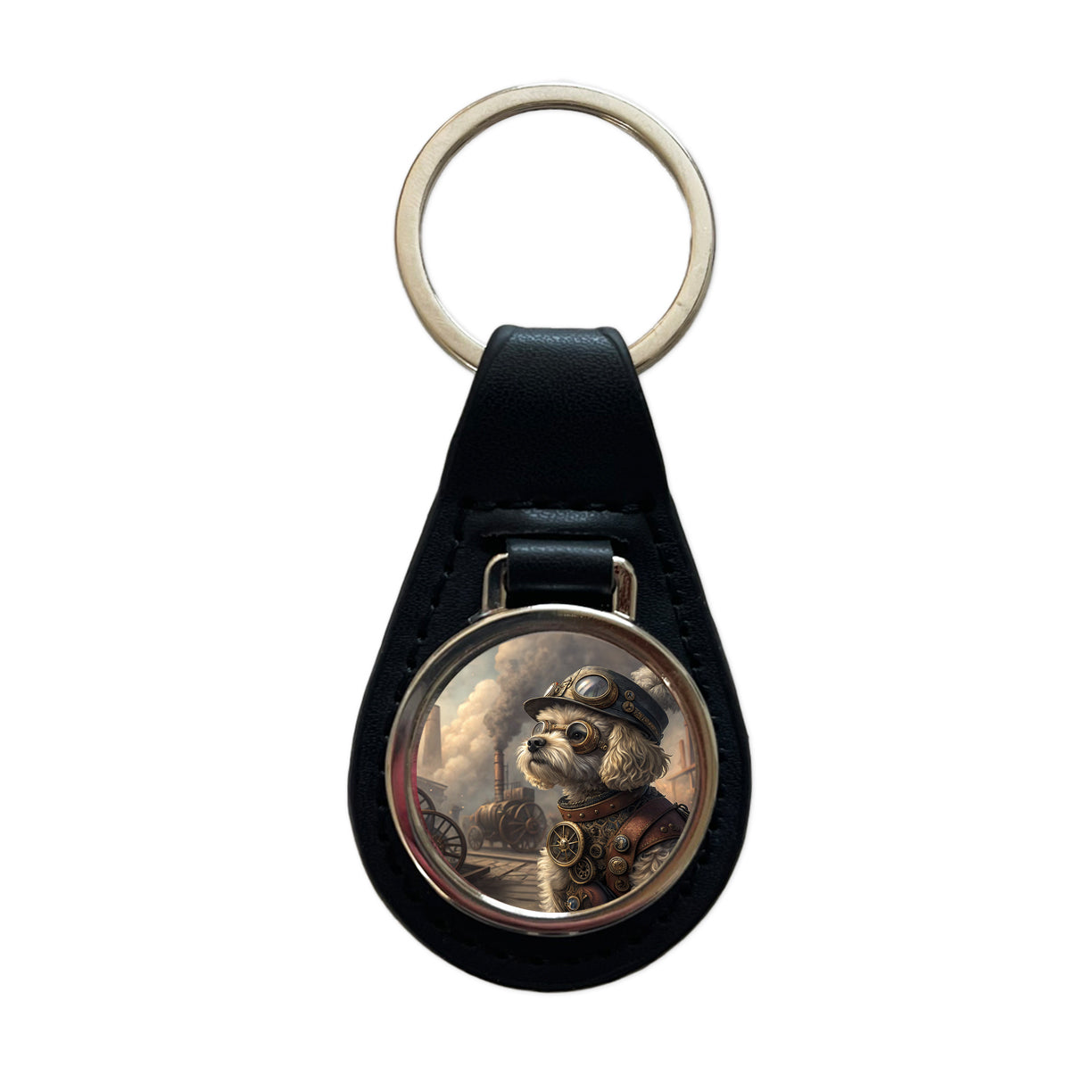 Maltipoo Dog Steampunk Black Leather Metal Keychain
