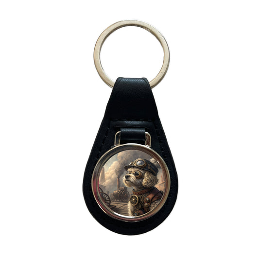 Maltipoo Dog Steampunk Black Leather Metal Keychain