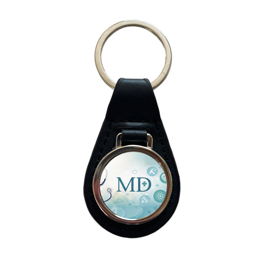 MD Doctor Medical Black Leather Metal Keychain