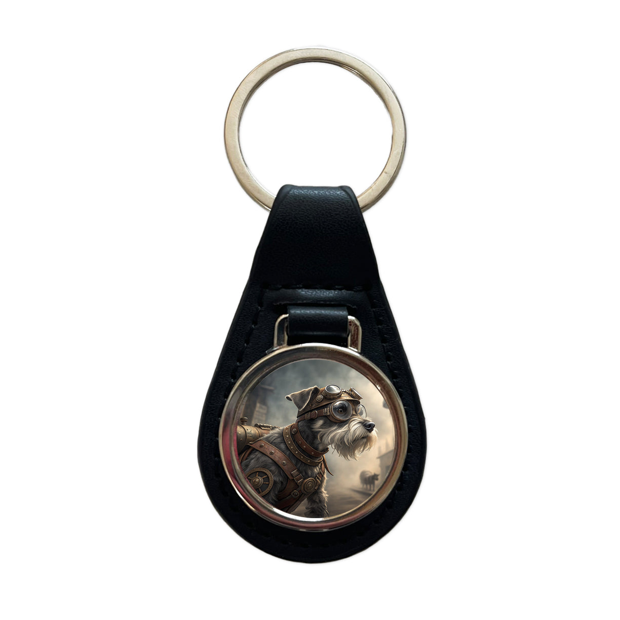Miniature Schnauzer Dog Steampunk Black Leather Metal Keychain