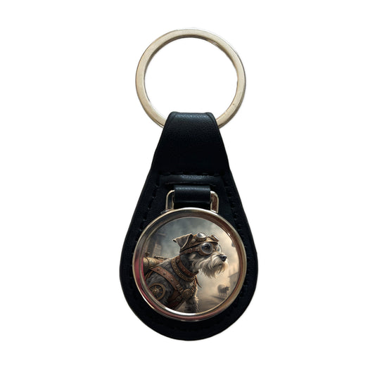 Miniature Schnauzer Dog Steampunk Black Leather Metal Keychain