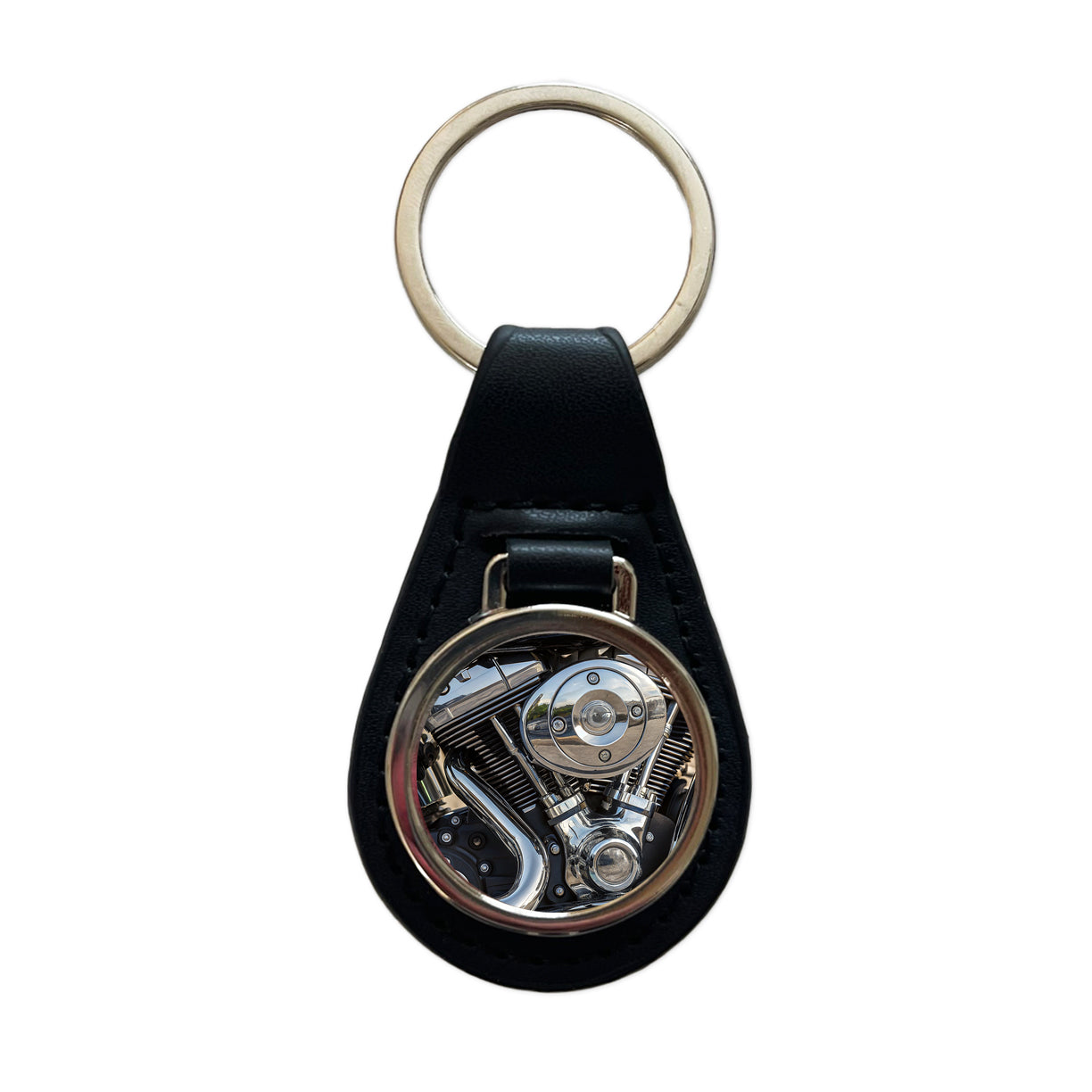 Motorcycle Chrome Engine Close-up Black Leather Metal Keychain