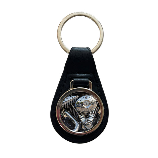Motorcycle Chrome Engine Close-up Black Leather Metal Keychain