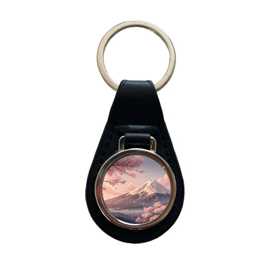 Mount Fuji Blooming Sakura Trees Japanese Illustration Black Leather Metal Keychain