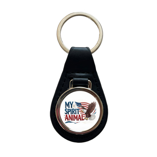My Spirit Animal Patriotic Bald Eagle Black Leather Metal Keychain