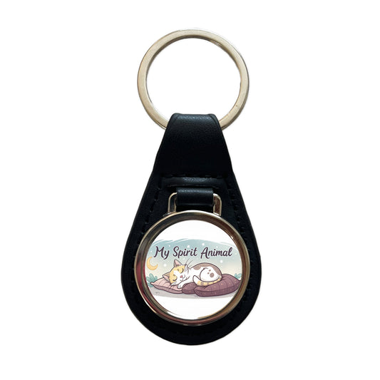 My Spirit Animal Sleeping Cat Funny Black Leather Metal Keychain