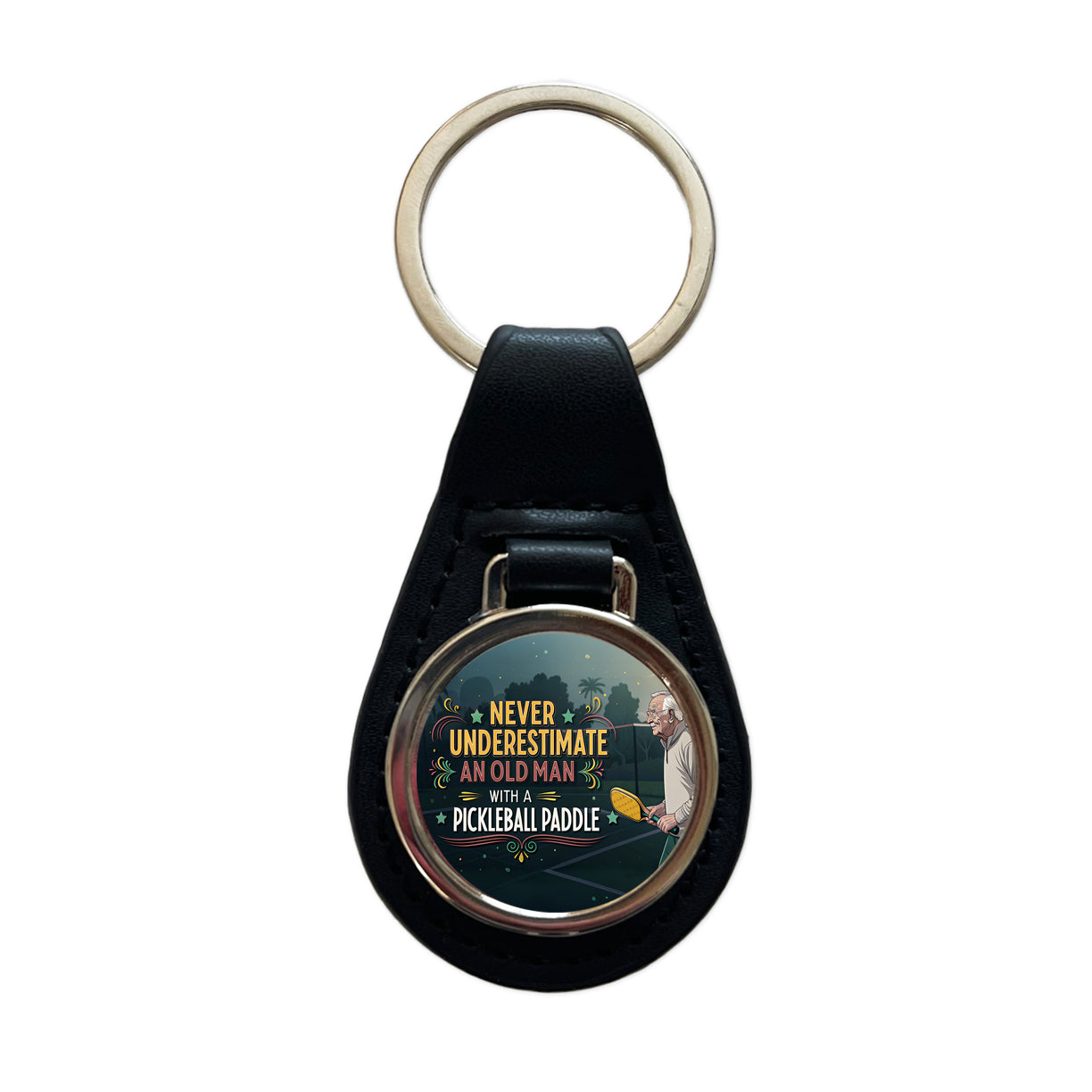 Never Underestimate An Old Man With A Pickleball Paddle Funny Black Leather Metal Keychain
