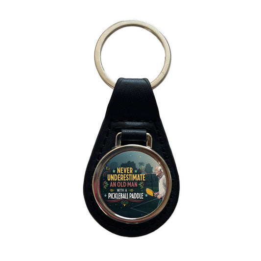 Never Underestimate An Old Man With A Pickleball Paddle Funny Black Leather Metal Keychain