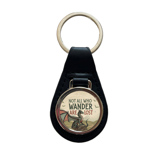 Not All Who Wander Are Lost Vintage Fantasy Illustration Black Leather Metal Keychain
