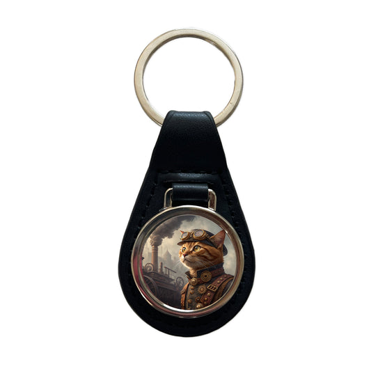 Orange Tabby Cat Steampunk Black Leather Metal Keychain