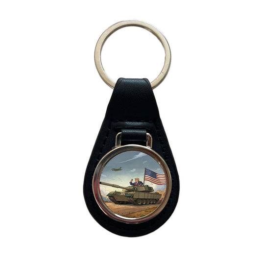 Patriotic Donald Trump Driving M1 Abrams Tank Funny Black Leather Metal Keychain