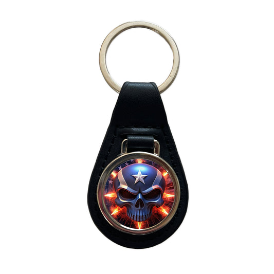 Patriotic Skull And American Flag Black Leather Metal Keychain