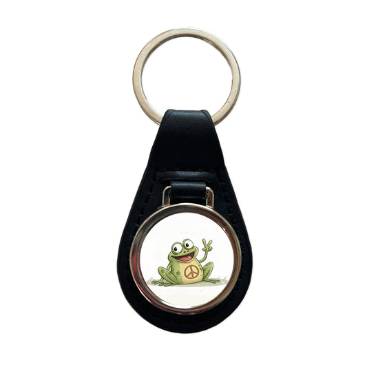 Peace Sign Frog Cartoon Black Leather Metal Keychain