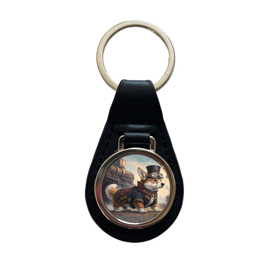 Pembroke Welsh Corgi Dog Steampunk Black Leather Metal Keychain