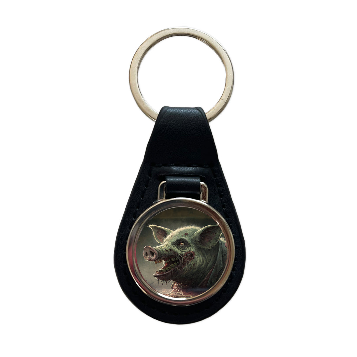 Pig Zombie Creepy Scary Halloween Black Leather Metal Keychain