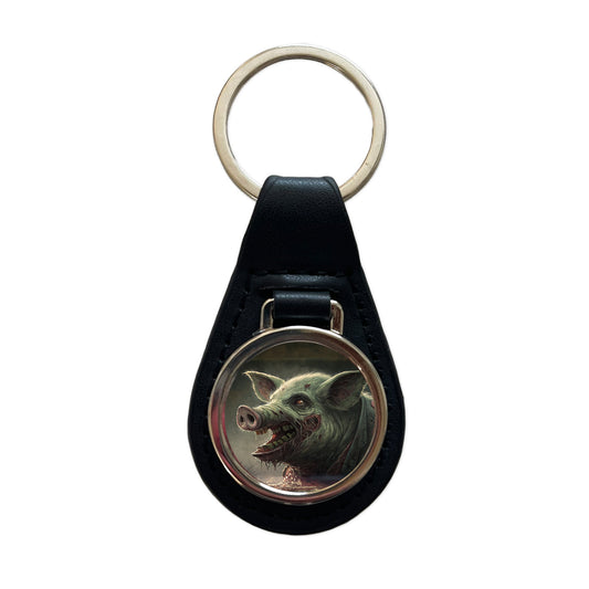 Pig Zombie Creepy Scary Halloween Black Leather Metal Keychain