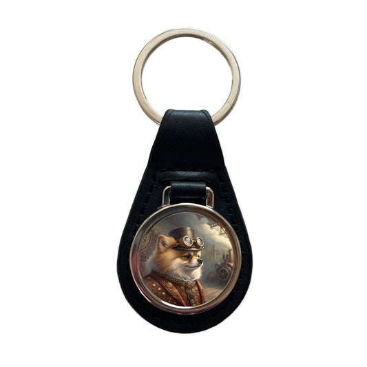 Pomeranian Dog Steampunk Black Leather Metal Keychain