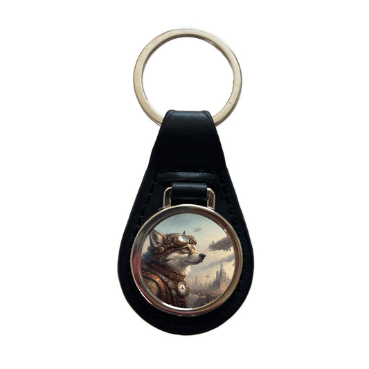 Pomsky Dog Steampunk Black Leather Metal Keychain