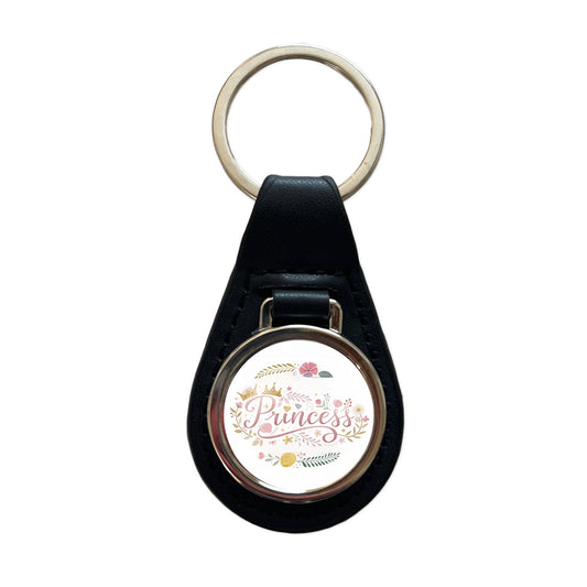 Princess Floral Cute Funny Black Leather Metal Keychain