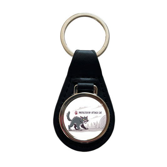 Protected By Attack Cat Funny Black Leather Metal Keychain