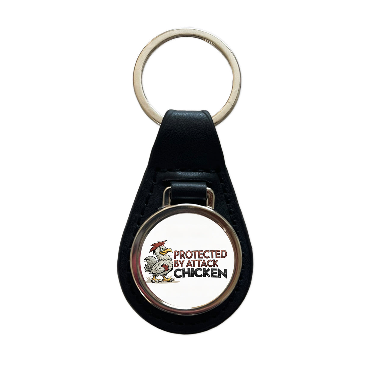 Protected By Attack Chicken Funny Black Leather Metal Keychain