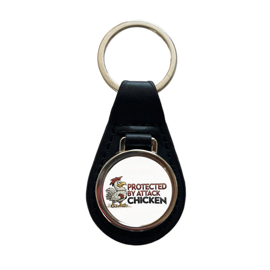 Protected By Attack Chicken Funny Black Leather Metal Keychain