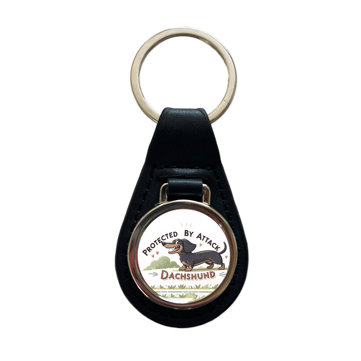 Protected By Attack Dachshund Funny Black Leather Metal Keychain