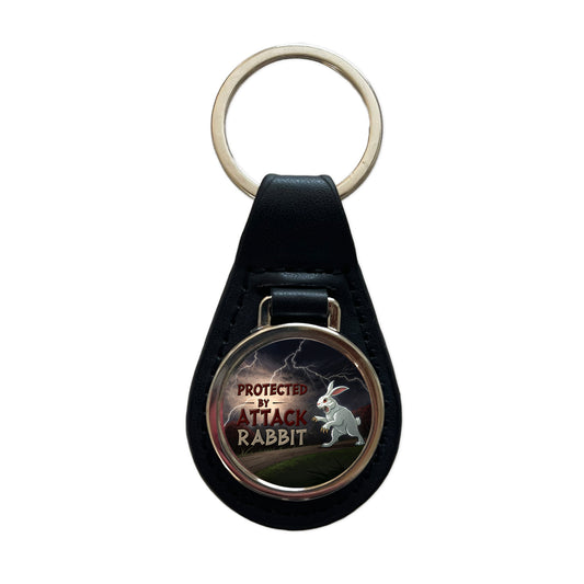 Protected By Attack Rabbit Vicious White Funny Bunny Black Leather Metal Keychain