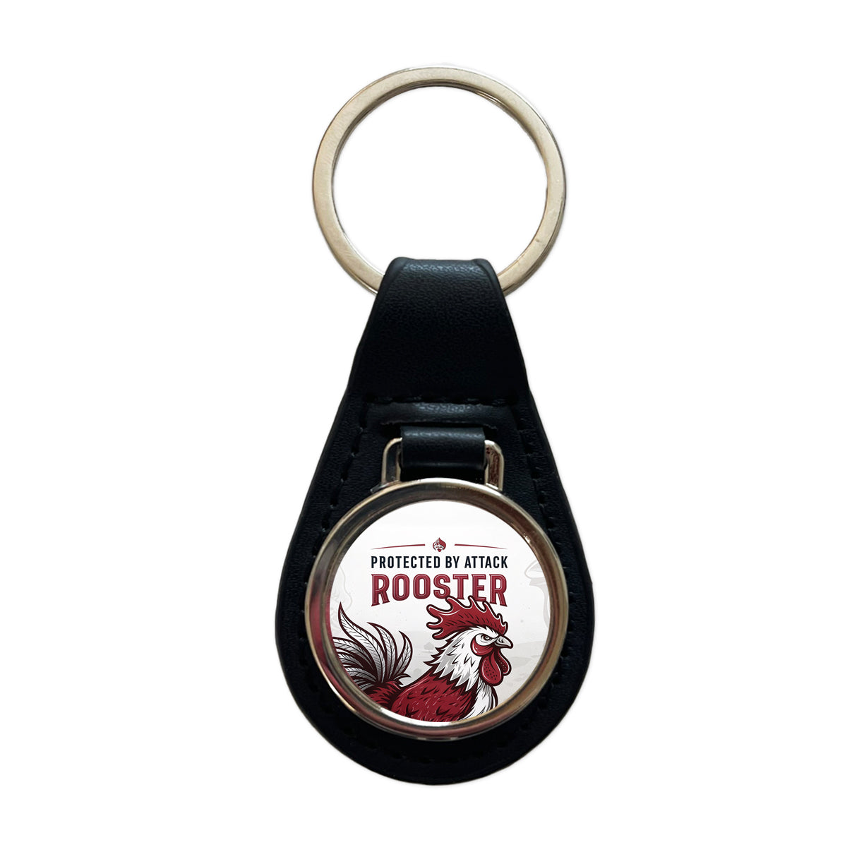 Protected By Attack Rooster Black Leather Metal Keychain
