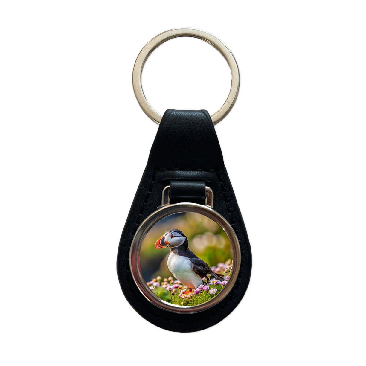 Puffin Bird Photograph Black Leather Metal Keychain