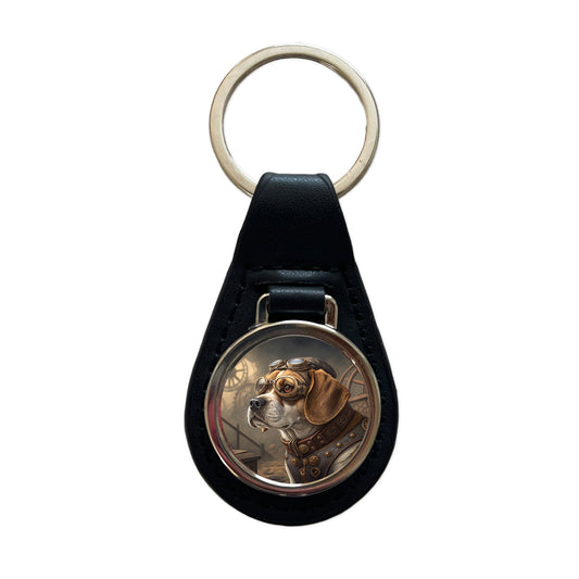Puggle Dog Steampunk Black Leather Metal Keychain
