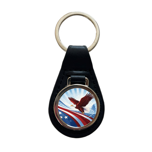 Red Blue White Patriotic Bald Eagle Black Leather Metal Keychain