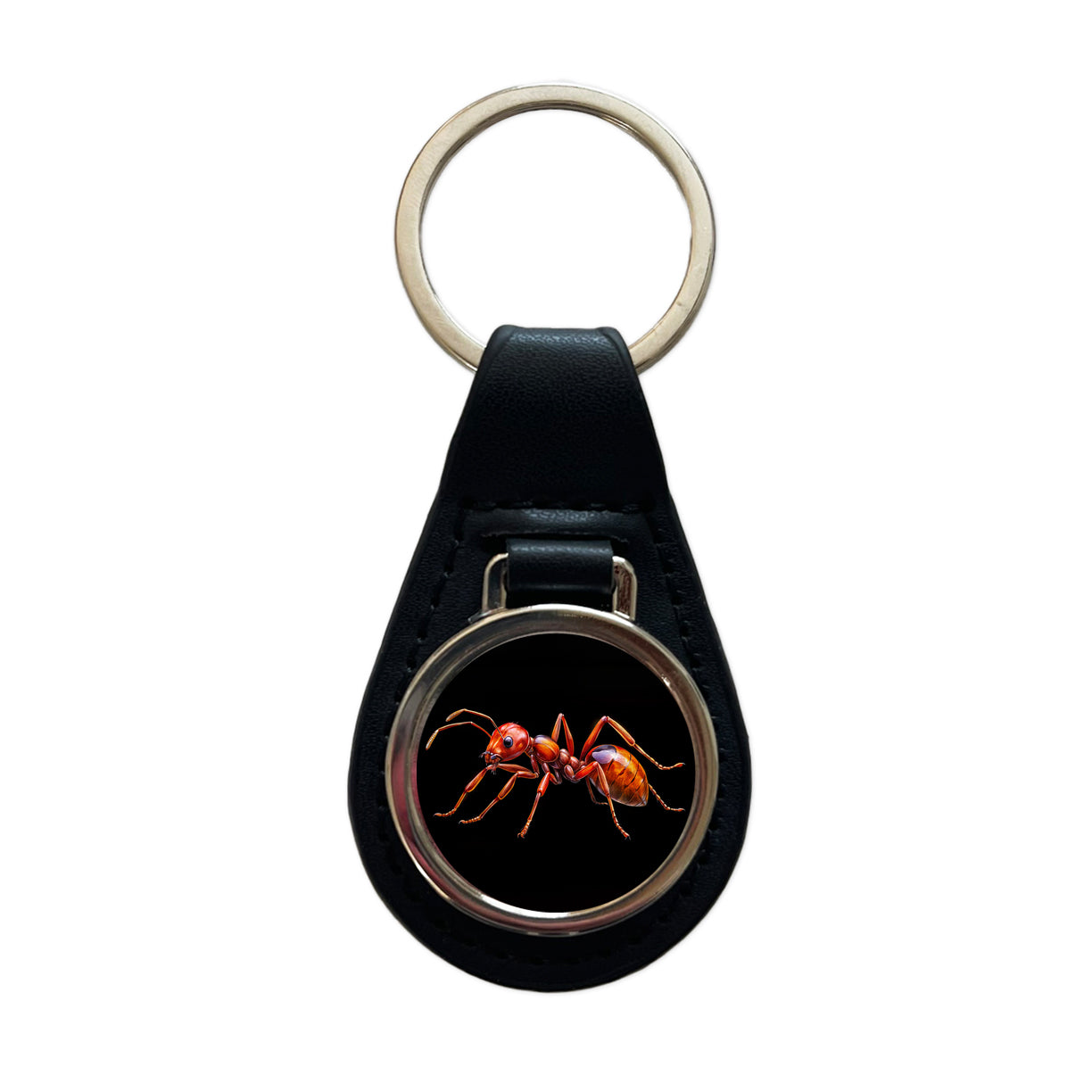 Red Fire Ant Watercolor Black Background Black Leather Metal Keychain