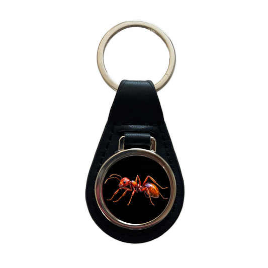 Red Fire Ant Watercolor Black Background Black Leather Metal Keychain
