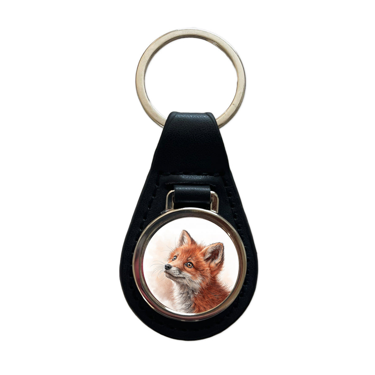 Red Fox Kit Illustration Black Leather Metal Keychain