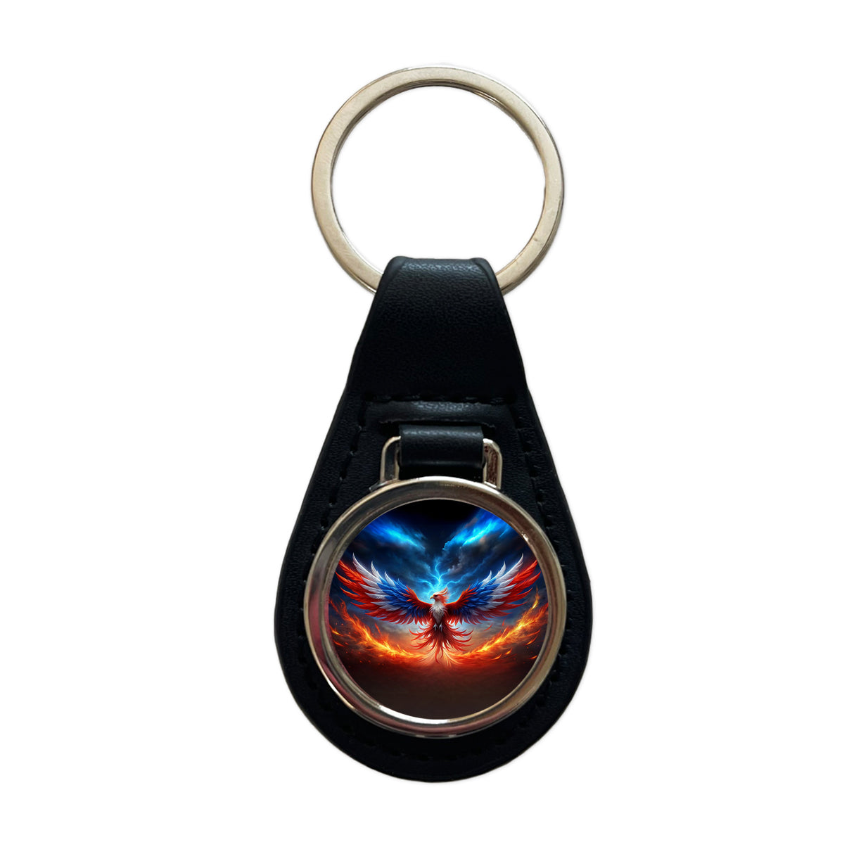 Red White And Blue Phoenix Rising Black Leather Metal Keychain