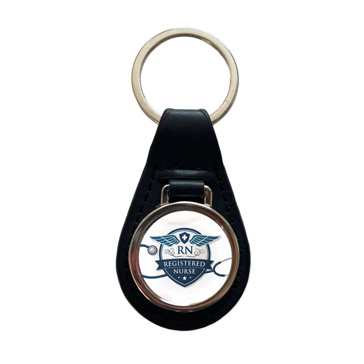 RN Registered Nurse Medical Hospital Black Leather Metal Keychain