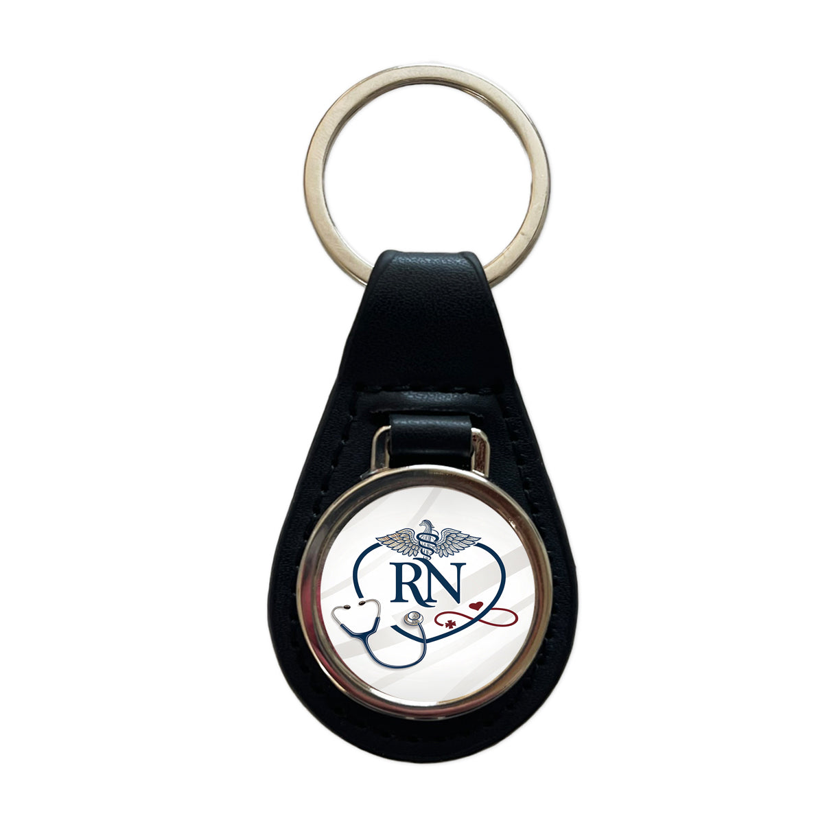 RN Registered Nurse Nursing Black Leather Metal Keychain