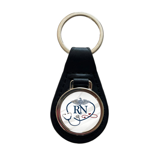 RN Registered Nurse Nursing Black Leather Metal Keychain
