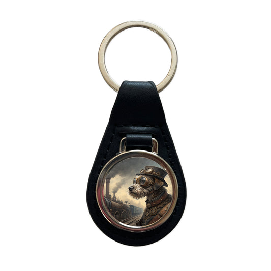 Schnoodle Dog Steampunk Black Leather Metal Keychain